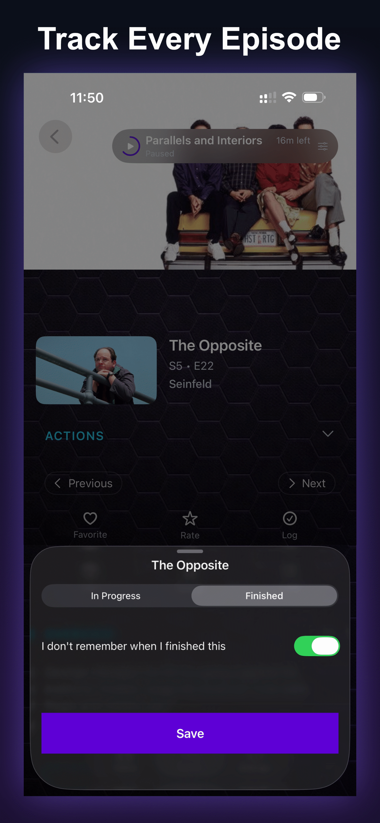 Mosaic screen for tracking every episode