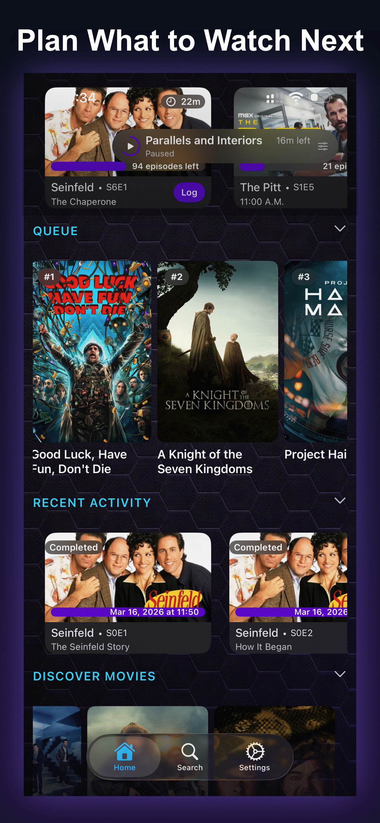 Mosaic queue screen for planning what to watch next